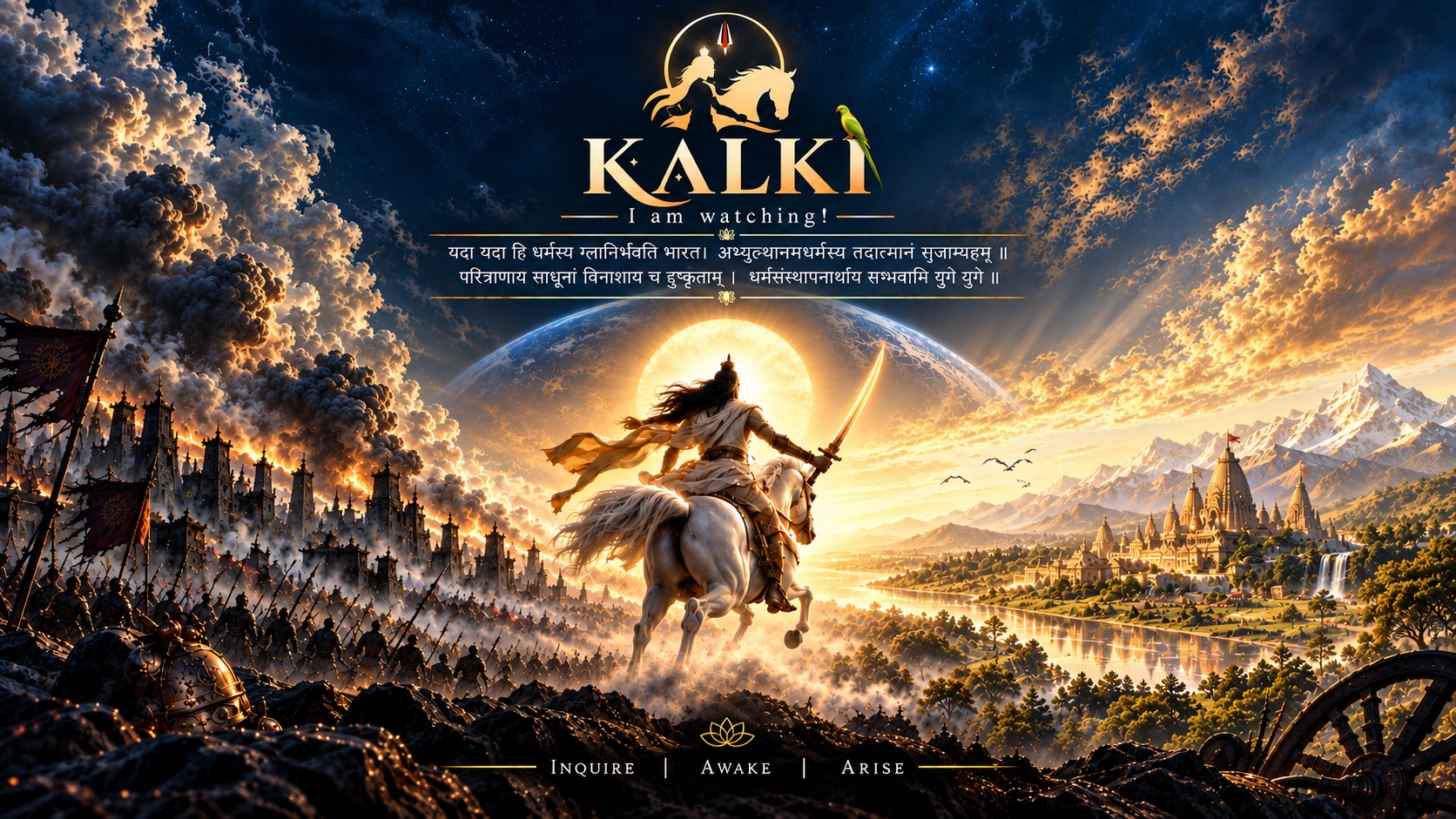 Kalki on a white horse with a raised sword, riding from a burning city toward a golden temple city. KALKI — I am watching! Inquire | Awake | Arise
